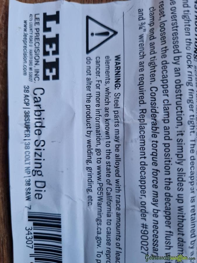 NEU Lee Carbide Full Length Sizing Die .38 super, 38 ACP,  38 Colt, 38 W&W — Bild 4